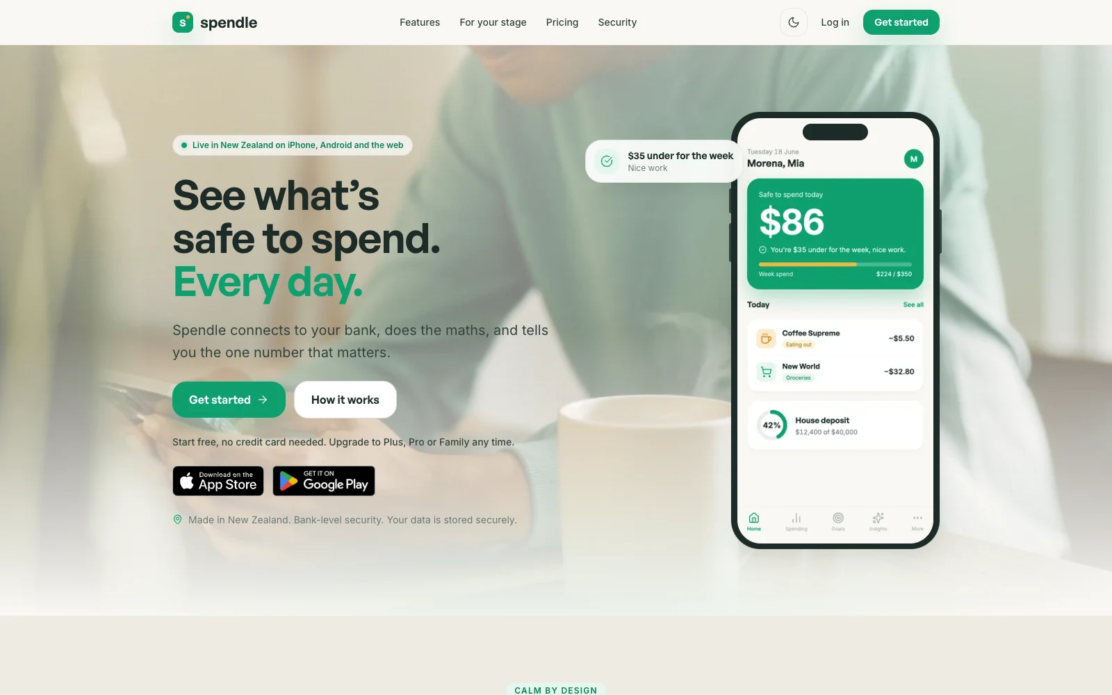 Spendle - NZ personal finance app showing a daily safe-to-spend figure