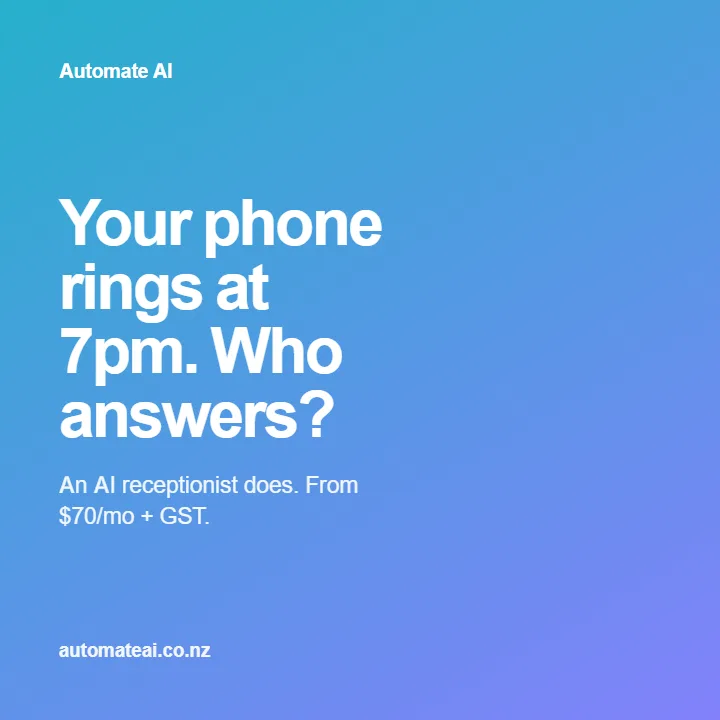 Automate AI tile on the brand gradient: 'Your phone rings at 7pm. Who answers? An AI receptionist does.'